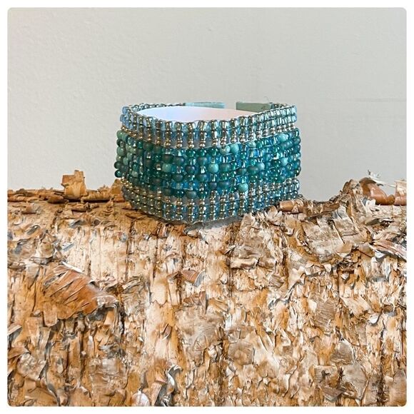 HANDMADE Boho Loom Cuff Bracelet with turquoise and teal beads - Picture 9 of 10